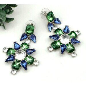 Vintage Dangle Statement Earrings With Blue & Green Rhinestones Set In Silver-T